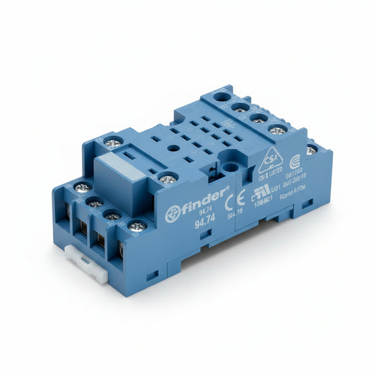 Finder 94.74 Zoccolo per Relè serie 5534-8534, 10A, Alimentazione 230V, Blu, Installazione su barra DIN o tramite fori